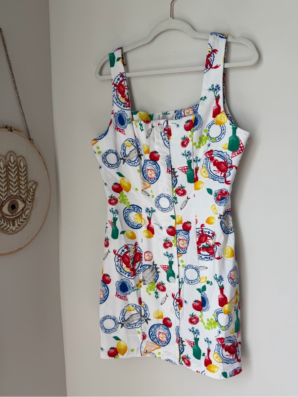 White coastal lobster lemon tomato print cotton sleeveless Mini Dress